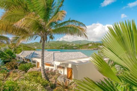 Luxurious tropical house with palm trees near tranquil sea and hills