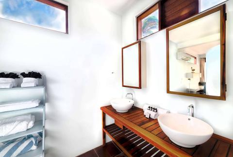 Modern bathroom with wooden vanity, twin basins, and tropical view through high windows