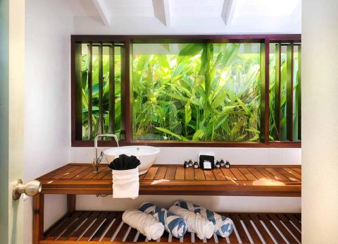 Modern bathroom with large windows overlooking lush garden and wooden accents