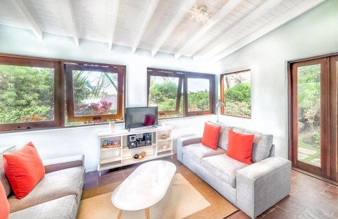 Modern living room with grey sofas, red cushions, and tropical view