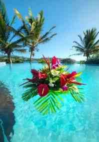 Tropical pool with red flowers and palm trees, ideal for serene vacation ambiance.