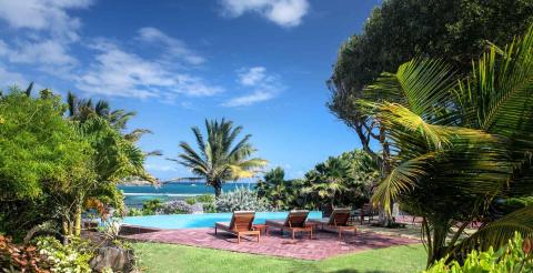 Tropical resort with pool, palm trees, sea view, and lounge chairs for relaxation