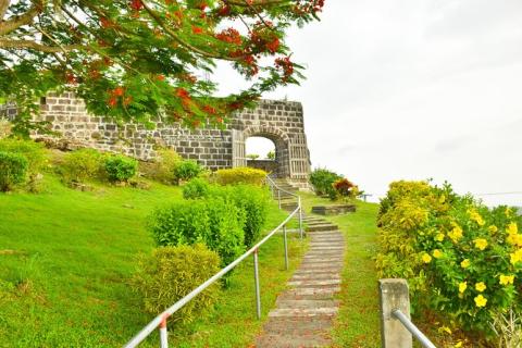 Scenic pathway with stone steps leading to an old archway, surrounded by lush greenery and vibrant flowers.