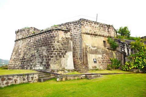 Historic stone fort with weathered walls, terraces, steps, and yellow flowers in the foreground.