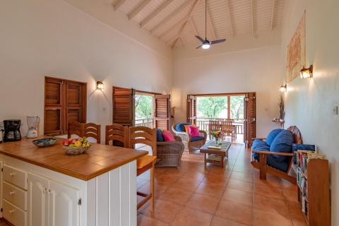 Open-concept living area with kitchen, wooden dining set, and wicker seating