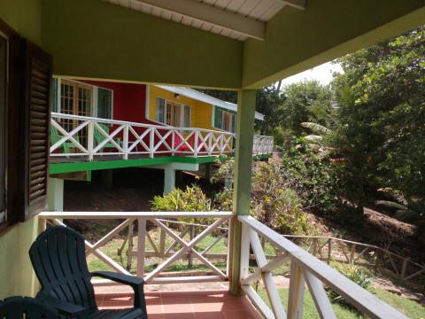 Colorful stilt houses with lush greenery in a tropical setting, perfect for relaxation.