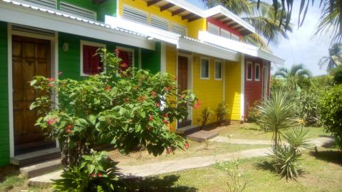 Colorful tropical resort cottages with lush greenery and vibrant flowers