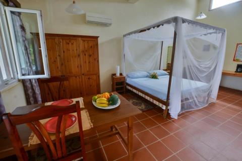 Tropical bedroom with mosquito net, fruit on table, and wooden furniture.