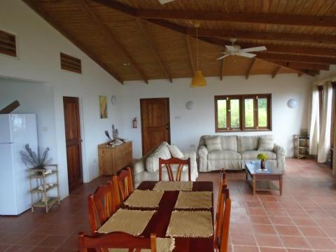 Spacious living room with wooden ceiling, sofas, dining area, and rustic decor.