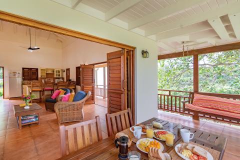 Tropical resort home interior with lush garden view