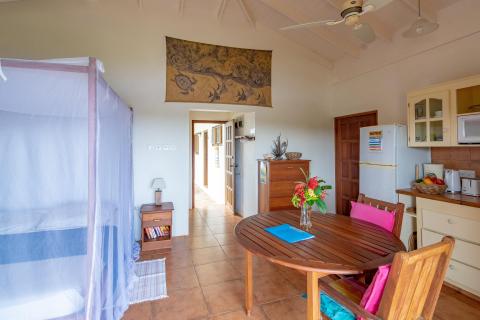 Tropical-style living space with bed, dining area, and kitchenette.