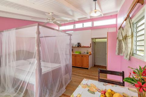 Cozy combined kitchen and bedroom interior with pink walls and wooden accents.