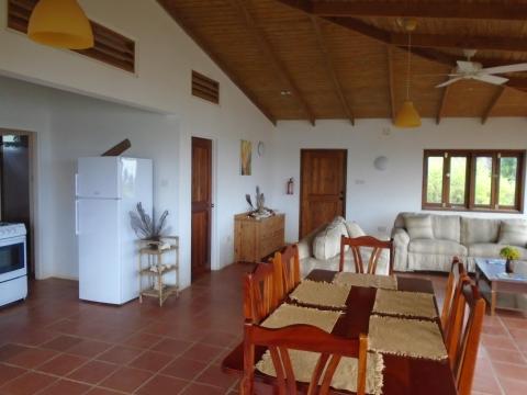 Airy living room with vaulted ceiling, connected to kitchen and dining area.
