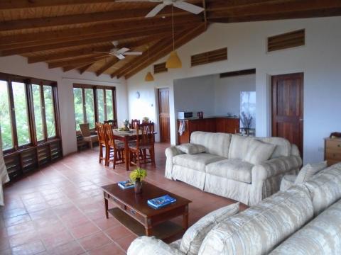 Spacious living room with wooden beams, sectional sofa, and lush outdoor views