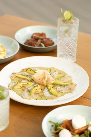 Assorted gourmet dishes with a carpaccio, crispy fried food, salad, and a refreshing drink