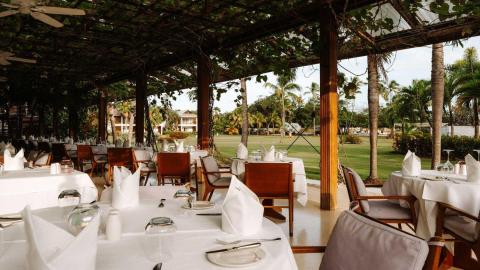 Outdoor restaurant dining area with pergola, lush vines, and elegant table settings.