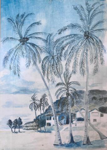 Painting of tropical scene with palm trees, houses, and sea under a blue sky.