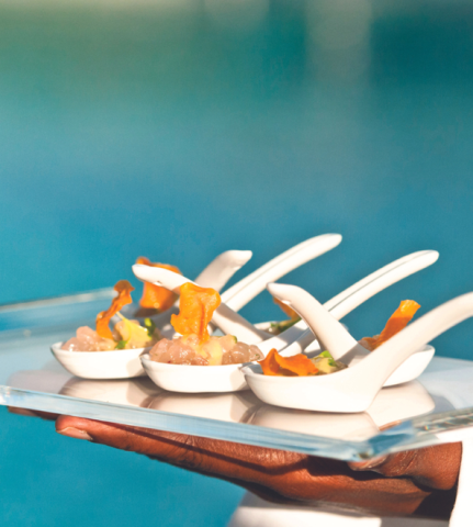 Cayman Tourism Board Chic Seafood Appetizers on Elegant Spoon Presentation The image shows a tray of culinary appetizers served on individual white spoons, each containing what appears to be a bite-sized portion of food, possibly a seafood dish garnished with herbs and crispy, thin pieces of fried garnish