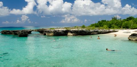 Cayman Tourism Board Idyllic Day at a Turquoise Cove: Sun, Swim, and Serenity This image captures a beautiful beach scene with clear turquoise waters and a rocky coastline
