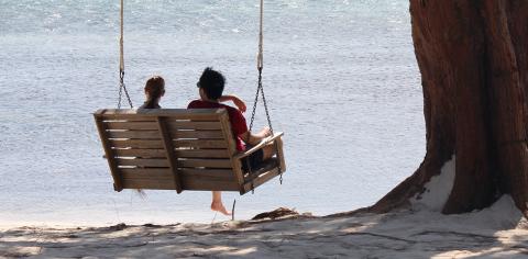 Cayman Tourism Board Serene Seaside Swings: A Peaceful Moment by the Sea The image features two children sitting on a wooden swing suspended by ropes attached to a large tree