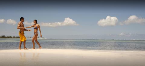 The image depicts a man and a woman on a beautiful sandy beach under a clear sky with a few clouds