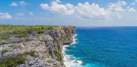 Cayman Tourism Board Serene Clifftop Vista: A Coastal Panorama The image depicts a breathtaking landscape featuring a rugged cliff overlooking a vast blue ocean