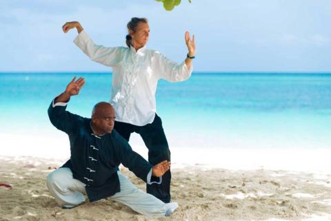 Two people practicing Tai Chi on a serene beach with clear sky and calm sea.