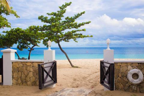 Serene tropical beach with lush trees, open wooden gate, and clear blue sea