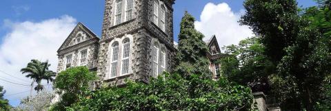 Historic Gothic Building With Lush Greenery Historic Gothic building with pointed arch windows surrounded by green foliage.