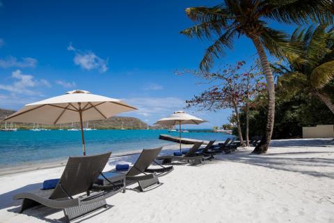 Relaxing Beach Scene With Sailboats And Palm Trees Scenic beach with white sand, lounge chairs, umbrellas, sailboats, and clear blue sky