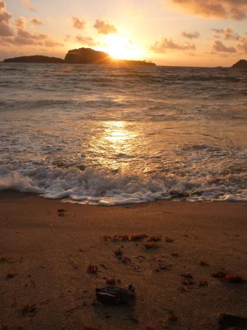 Peaceful Beach Sunset With Island View And Gentle Waves Serene sunset at beach with island silhouette, gentle waves, and scattered glasses on sand.