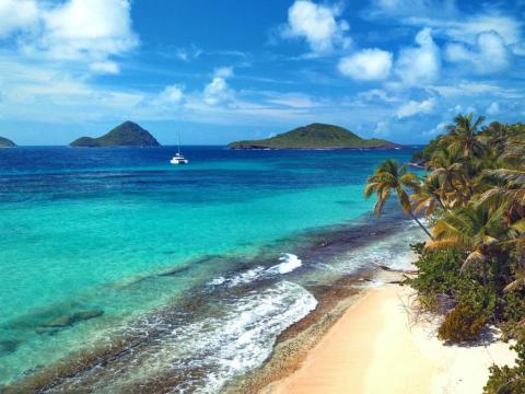 Tropical Beach Scene With Sailboat And Palm Trees Tropical beach with crystal waters, palm trees, sailboat, and islets under a sunny sky
