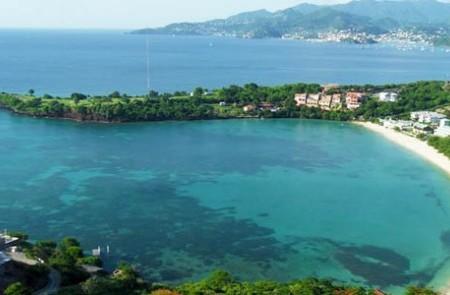 Turquoise Bay Coastal Landscape With Sandy Beach Turquoise bay and sandy beach near lush hills and urban skyline, ideal for water activities.