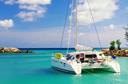 Catamaran Anchored In Tropical Paradise Beach Catamaran anchored in turquoise waters near tropical beach with clear sky