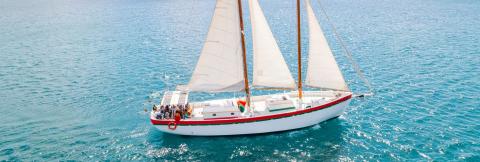 Sailboat Cruise On Calm Blue Sea With Passengers Sailboat with white sails glides on calm blue sea, leisure cruise scene