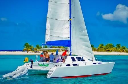 Tropical Beach Catamaran Sail Adventure Catamaran sailing near tropical beach with people aboard under blue skies
