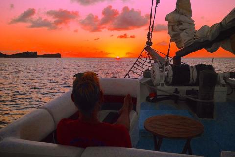 Person Enjoying Sunset On Boat - Relaxing Nature Scene Person on boat enjoying vibrant sunset with island silhouette in background.