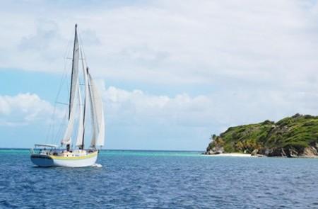 Sailboat Sailing Near Lush Green Coastline Sailboat cruising near green coast under partly cloudy sky