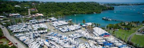 Busy Marina With Yachts And Scenic Coastal Views Busy marina with yachts and sailboats, lush hills in the background, popular for sailing.