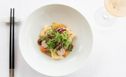 Elegant Salad With Microgreens And Rosé Dining Elegant dish with salad, microgreens, radish, tomatoes, omelet, and rosé