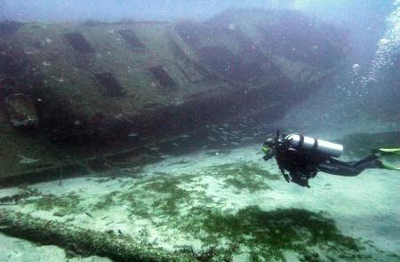 Scuba Diver Explores Sunken Shipwreck Underwater Scuba diver explores large, sediment-covered shipwreck in clear water