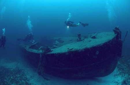 Divers Exploring Ancient Shipwreck Underwater Scene Alt-text: Divers explore an ancient, coral-covered shipwreck in a murky underwater scene.