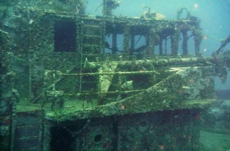 Sunken Shipwreck Underwater Reef Marine Ecosystem Sunken shipwreck underwater forming an artificial reef, teeming with marine life.