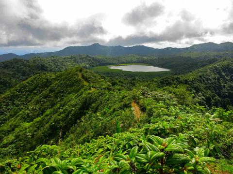 Tropical Rainforest Lake And Lush Green Hills Lush tropical rainforest with a serene lake nestled in hilly terrain, partly cloudy sky.