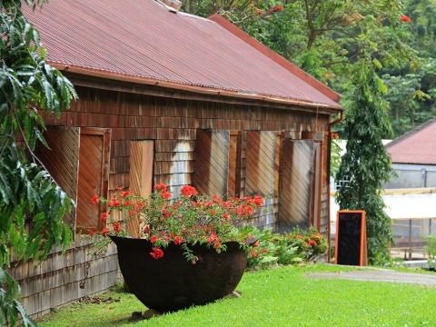 Rustic Wooden Building With Red Roof In Garden Rustic wooden building with red roof in lush garden, clay pot with red flowers in front.