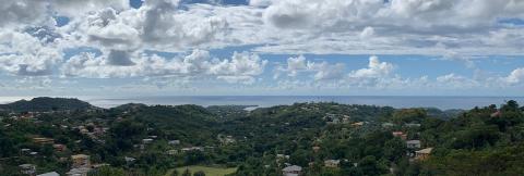 Scenic Coastal Landscape With Lush Hills And Sea Panoramic view of a lush coastal town with scattered residences and calm sea