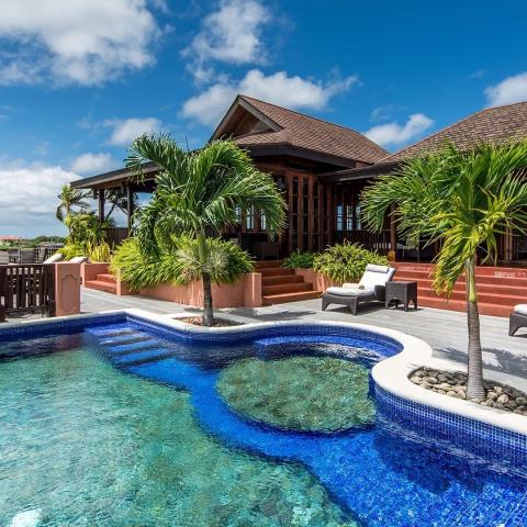 Luxury Pool And Lounge In Tropical Setting Luxurious pool with mosaic tiles, hot tub, and tropical palm trees in a sunny setting