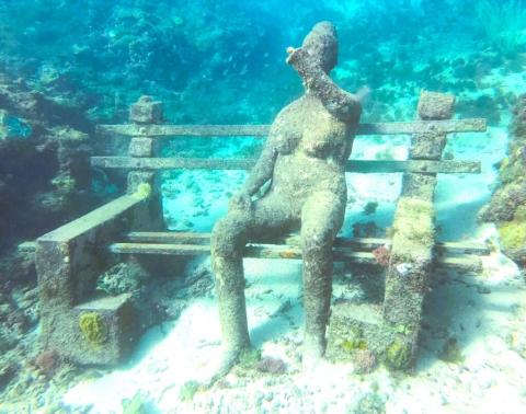 Underwater Sculpture Reef Scene With Coral Growth Underwater sculpture of humanoid on bench promoting marine life in a coral reef.