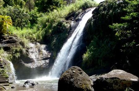 Breathtaking Tropical Waterfall In Lush Green Forest Scenic waterfall in lush tropical setting with sunlight and rocky foreground