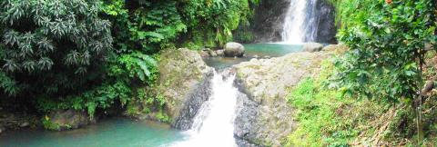 Emerald Pool Waterfall In Lush Tropical Setting Serene waterfall in lush tropical setting with emerald pool and rocks
